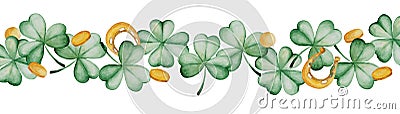 Watercolor Saint Patrick`s Day banner. Clover ornament. For design, print or background Stock Photo