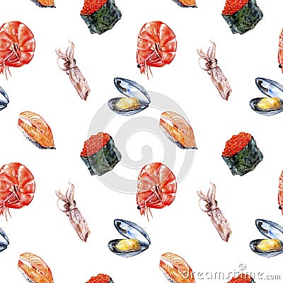 Watercolor salmon, squid, shrimp, sushi caviar isolated seamless pattern. Cartoon Illustration