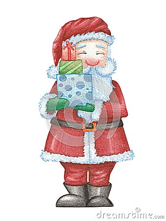 Watercolor Santa Claus with gift Cartoon Illustration