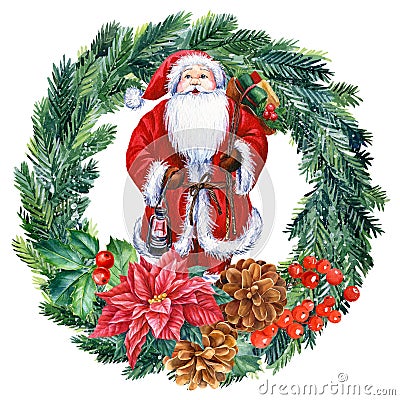 Watercolor Santa Claus on an isolated white background, holiday wreath winter picture Cartoon Illustration