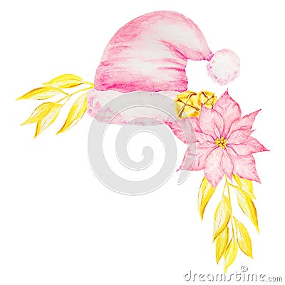 Watercolor Santa Claus pink hat, poinsettia, gold bells and branches. Christmas accessories. Hand drawn winter symbols Stock Photo