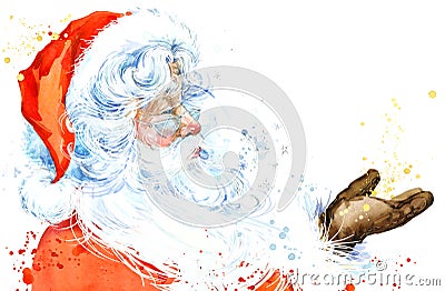 Watercolor Santa Claus. Santa Claus Christmas background. New Year background. Stock Photo