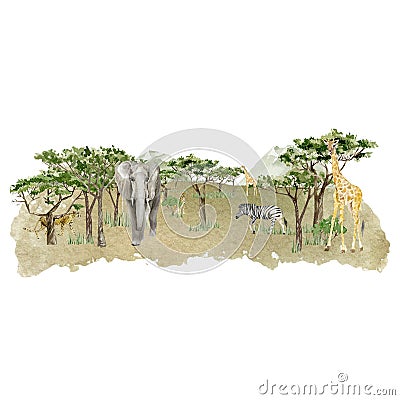 Watercolor Savannah Wild Animal illustration. Landscape africa composition with trees, elephant, giraffe, zebra Cartoon Illustration