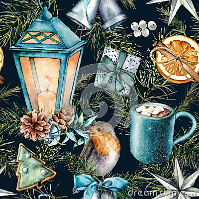 Watercolor scandinavian pattern of Christmas. Hand painted lantern, bells, robin, cookies, orange slice, cacao cup Stock Photo