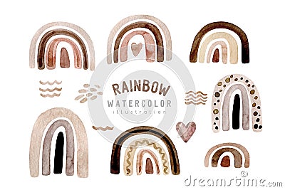 Watercolor scandinavian rainbow set in pastel brown pink colors. Baby boy and girl design illustrations. Neutral Gender Cartoon Illustration