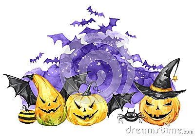 Watercolor scary night, flock of bats and holidays pumpkins. Halloween holiday illustration. Magic, symbol of horror Cartoon Illustration