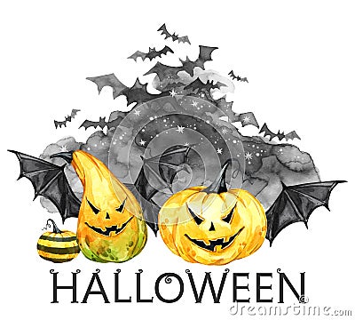 Watercolor scary night, flock of bats and holidays pumpkins. Halloween holiday illustration. Magic, symbol of horror Cartoon Illustration