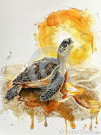 Watercolor scene of a baby sea turtle trekking across a beach of pizza dough under a maple syrup sun ai generated Stock Photo