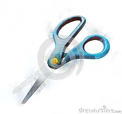 Watercolor scissors. Hand drawn abstract illustration with office stationary items. Shiny metal craft item isolated on Cartoon Illustration
