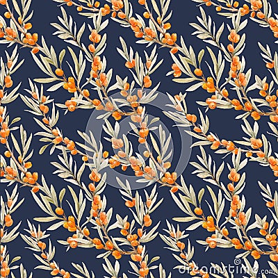 Watercolor sea buckthorn vector pattern Vector Illustration