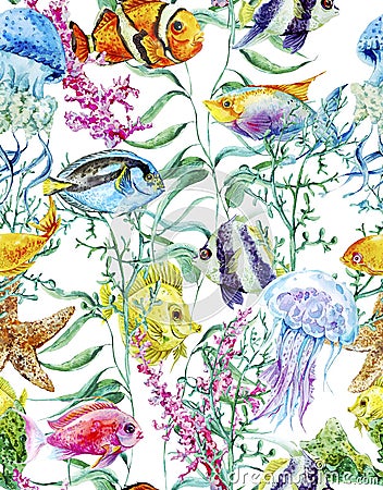 Watercolor sea life seamless background Cartoon Illustration