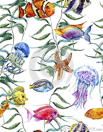 Watercolor sea life seamless pattern, underwater Cartoon Illustration