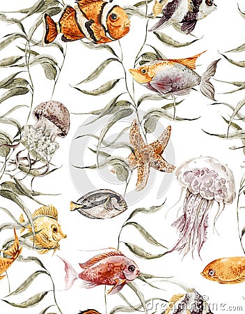 Watercolor sea life seamless pattern, underwater Cartoon Illustration