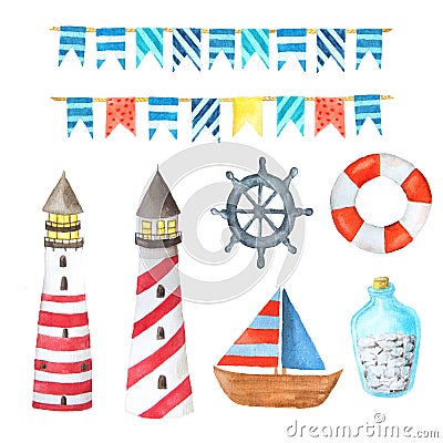 Watercolor sea nautical elements set Stock Photo