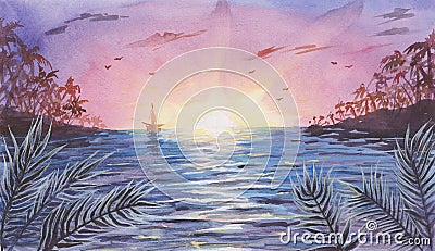 Watercolor Sea / Ocean Landscape with Sunset / Sunrise Stock Photo