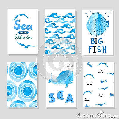 Watercolor sea set in blue and white colors. Collection of cards template Vector Illustration