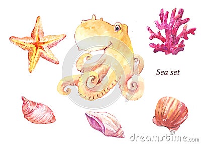 Watercolor sea set. Octopus, coral, starfish, shells, shellfish. Stock Photo