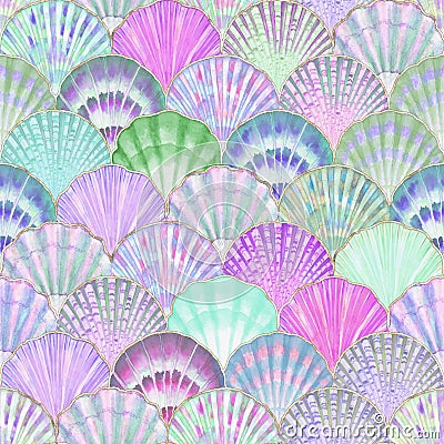 Watercolor sea shell seamless pattern. Hand drawn seashells texture vintage ocean background Cartoon Illustration