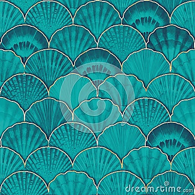 Watercolor sea shell seamless pattern. Hand drawn seashells texture vintage ocean background Cartoon Illustration
