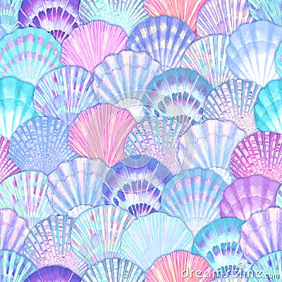 Watercolor sea shell seamless pattern. Hand drawn seashells texture vintage ocean background Cartoon Illustration