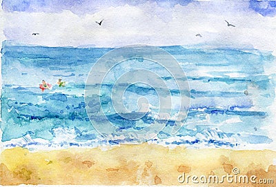 Watercolor sea sketch, blue waves and yellow sand, Hand drawn illustration of summer. Sea landscape Cartoon Illustration