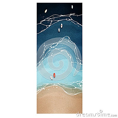 Watercolor sea waves on sand with little boats illustration template. Bright, colorful digital painting Cartoon Illustration