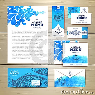 Watercolor Seafood menu design. Corporate identity. Vector Illustration