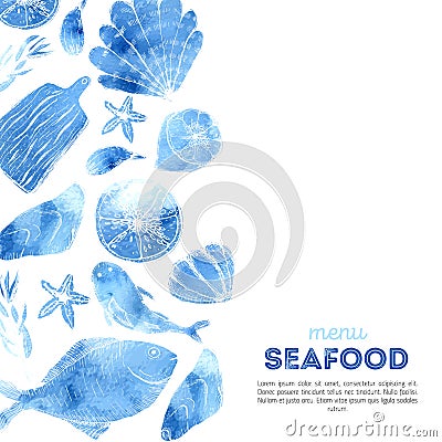 Watercolor Seafood menu design with sketch items. Fish design background Vector Illustration