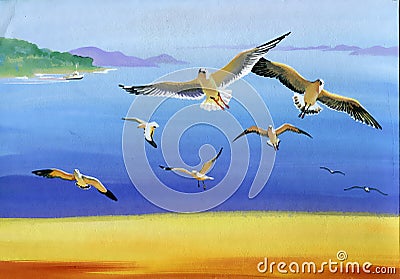 Watercolor seagulls Stock Photo