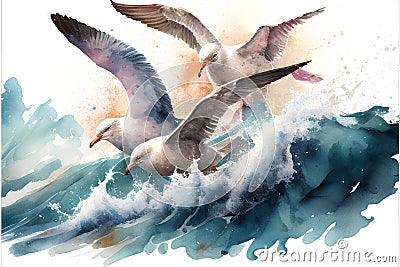 Watercolor seagulls on the waves. Hand drawn illustration Cartoon Illustration