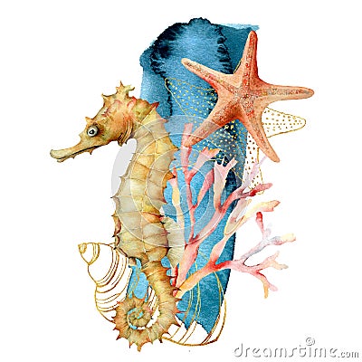 Watercolor seahorse, shell and starfish composition. Hand painted underwater illustration with coral reef isolated on Cartoon Illustration