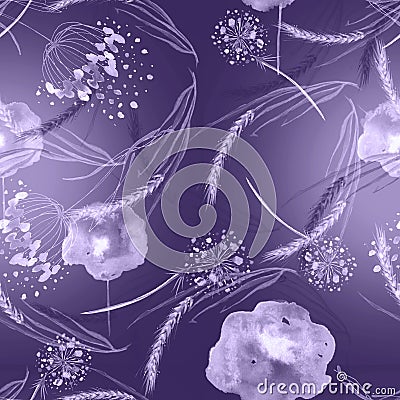Watercolor seamless abstract background, pattern. Ears of wheat. spikelet, branch. Spikelet of wheat, plants poppy flowers, dandel Stock Photo