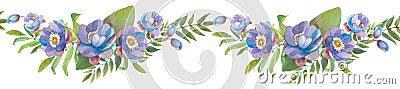 Watercolor seamless banner of violet, blue flowers, twigs, leaves. Stock Photo