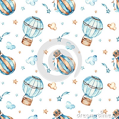 Watercolor seamless boho pattern for boys with hot air balloons, stars, clouds on a white background Stock Photo