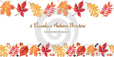 2 watercolor seamless border with autumn leaves, berries, nuts, acorns. Stock Photo