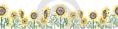Watercolor seamless border with blooming flowers sunflowers on stems and buds Stock Photo