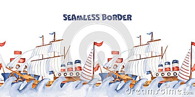 Watercolor seamless border with childrens cartoon cute ships and steamers. Stock Photo