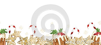 Watercolor seamless border with Christmas sweets. sweet gingerbread cookies, brownies, lollipops and candies. symbol of new year, Stock Photo