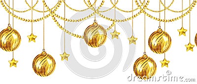 watercolor seamless border with Christmas tree toys, shiny gold balls, garlands of gold glitter beads, golden glossy Cartoon Illustration