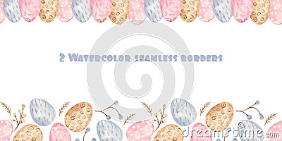 Watercolor seamless border with colorful Easter eggs and willow. Stock Photo