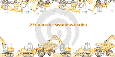 Watercolor seamless border with construction vehicles, dump truck, excavator, truck crane, bulldozer Stock Photo