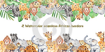 Watercolor seamless border with cute cartoon animals of Africa. Stock Photo