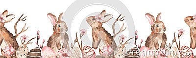 Watercolor seamless border with easter bunnies, easter eggs, flowers, willows, easter print on white background Stock Photo