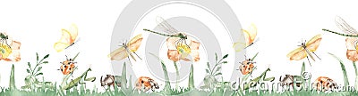 Watercolor seamless border with insects in the grass, ladybug, mantis, butterfly, grasshopper, dragonfly Stock Photo