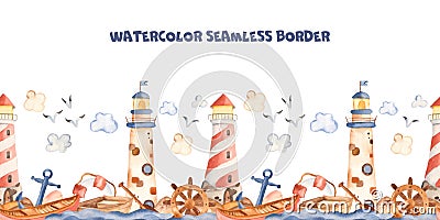 Watercolor seamless border kids cartoon cute lighthouse, boat, anchor. Stock Photo