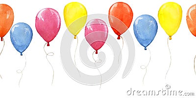 Watercolor seamless border, pattern with colored balloons. clipart, design for birthday, holiday, party. cute balloons in blue, re Stock Photo