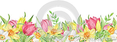 Watercolor seamless border of pink and yellow tulips and daffodils. Easter floral border. Stock Photo