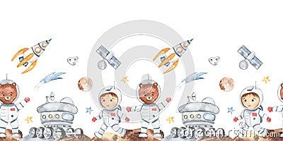 Watercolor seamless border space with little astronauts, rocket, lunar rover, planets, stars Stock Photo