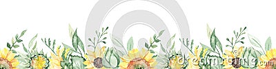 Watercolor seamless border with sunflower flowers, bud, leaves, branches, foliage Stock Photo