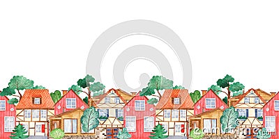 Watercolor seamless border with sweet cute houses and trees. Stock Photo